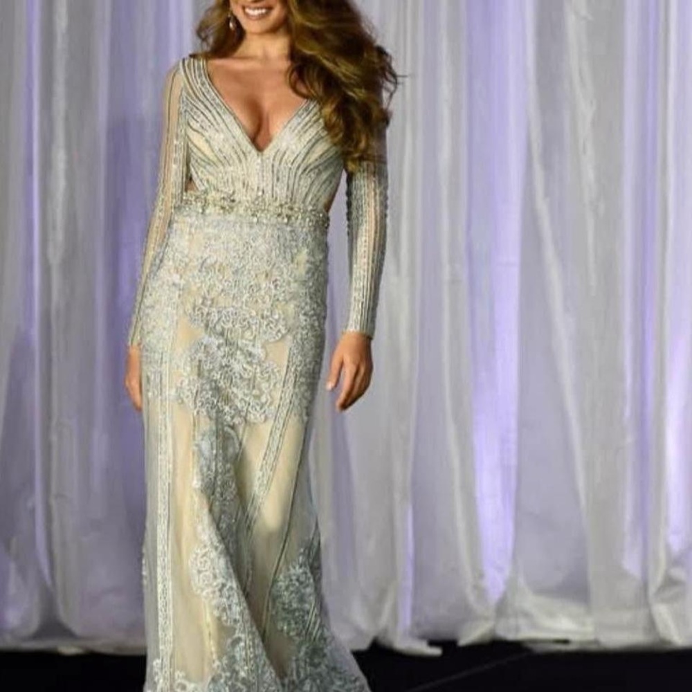 Mac Duggal Silver Long Sleeve Gown